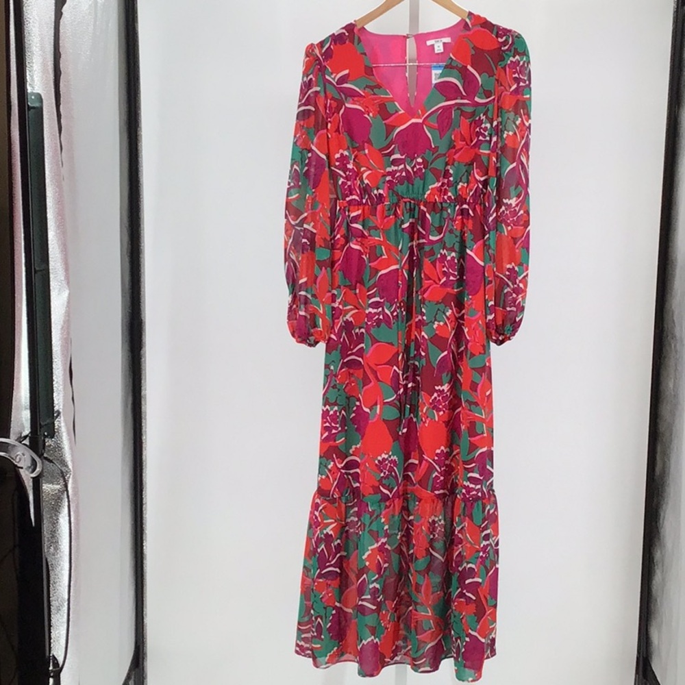 Floral V-Neck Maxi Dress - Red and Green